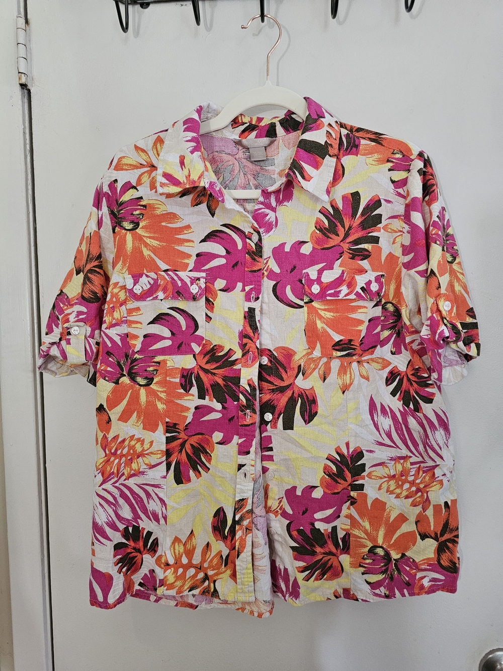 White Stag Floral Button-Down Shirt in Orange, Pink, Black on White - Picture 3 of 5
